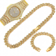 3PCS Mens Hip Hop Jewelry Set Iced Out Watch Necklaces Bracelet Miama Cuban Chain Choker Watch Set