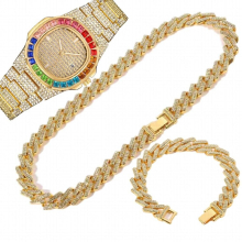Mens Hip Hop Jewelry Set Iced Out Watch Necklaces Bracelets Bling Bling Cuban Chains Women Watches Religio Masculino