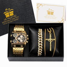 Men Watch Bracelet Necklace Set for Men Large Dial Quartz Stainless Steel Wristwatch Birthday Anniversary Valentine Gift