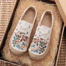 (Beige-6.5) Vegan Women Linen Canvas Espadrilles Sneakers Comfortable Lace Up Flat Embroidered Shoes Beige Grey