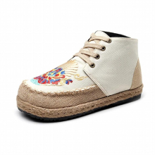 (Beige-7.5) Ladies Linen Cotton Embroidered High Top Espadrilles Boots Autumn Female Comfortable Flat Booties Sneaker