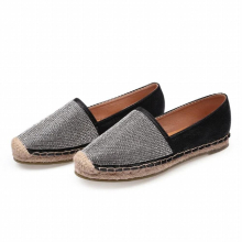 (Black-8.5) Rivets Espadrilles Crystal Slip on Loafers Women Hemp Knitted Cover Toe Shallow Moccasins Sewing Gold/silver Straw Flats Shoes