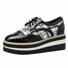 black/white cloth plaid brogues women lace up patchwork leather platform shoes knitted tassel creepers women espadrilles