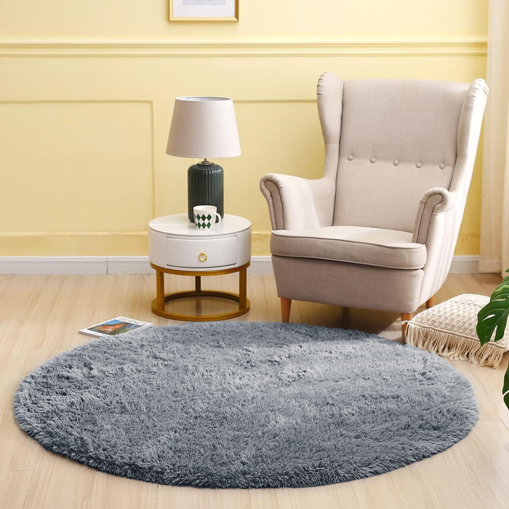 (120cm x 120cm (4ft x 4ft)- Circular Round Rug, Silver Grey) Grey Shaggy Rugs Living Room Area Rug Fluffy Carpets Hallway Runner Mat