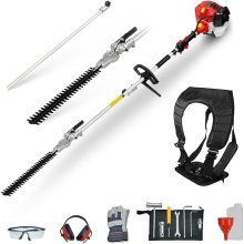 BU-KO 52cc Long Reach Petrol Hedge Trimmer with 2x 75cm Extensions - 10-12 ft Reach, Hardened Steel Blade, PPE Kit, Toolkit & Harness