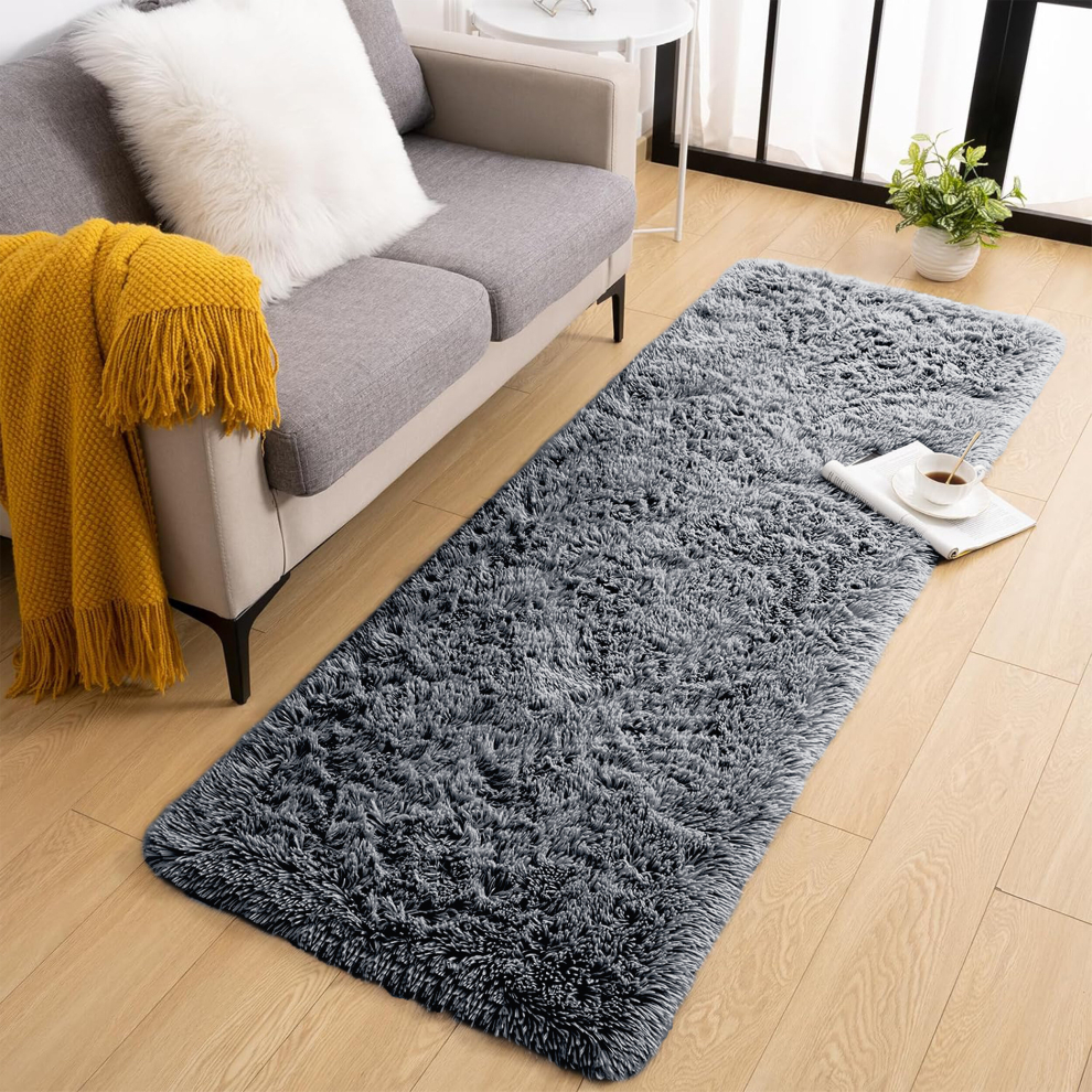 (60cm x 220cm (2ft x 7ft 3")- Runner Rug, Silver Grey) Grey Shaggy Rugs Living Room Area Rug Fluffy Carpets Hallway Runner Mat