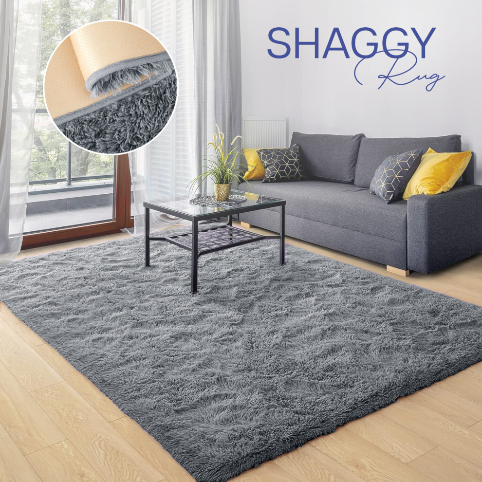 (120cm x 170cm (4ft x 5ft 6")- Small Area Rug, Silver Grey) Grey Shaggy Rugs Living Room Area Rug Fluffy Carpets Hallway Runner Mat