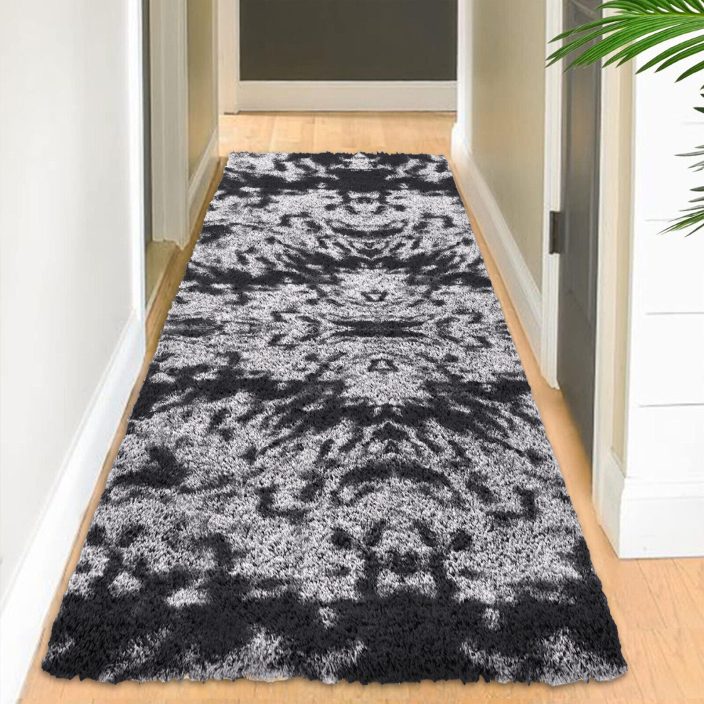 (80cm x 300 cm (2 ft 6 in x 10 ft)- Long Runner Rug, Black Grey/ Charcoal Grey) Grey Shaggy Rugs Living Room Area Rug Soft Carpet