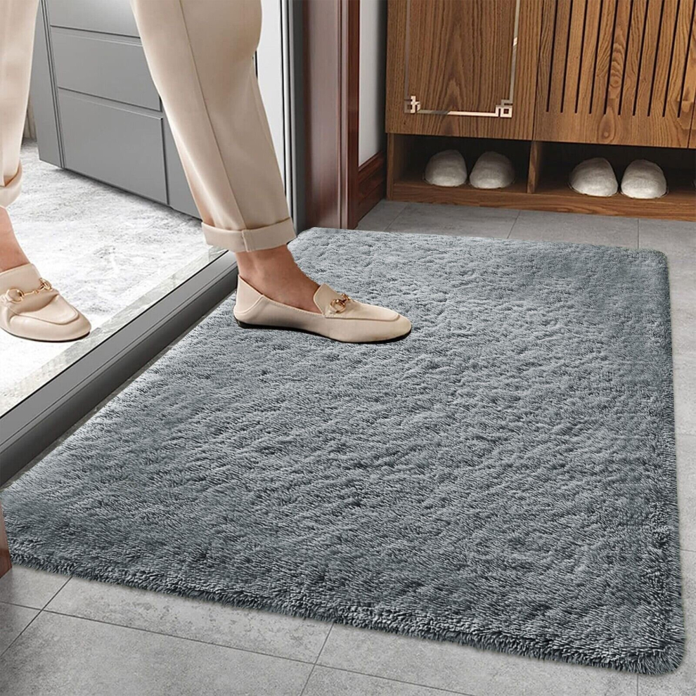 (60cm x 110cm (2ft x 3ft 7")- Large Bath Mat/ Door Mat, Silver Grey) Shaggy Grey Rugs Non Slip Area Rug Runner Carpets