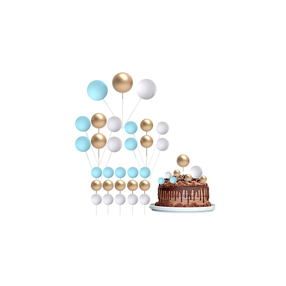 30 Pcs Mini Balloon Cake Topper, Blue and Gold Foam Balls Cake Decorations, DIY Foam Ball Pearl Ball Cupcake Topper for Baby Shower Wedding