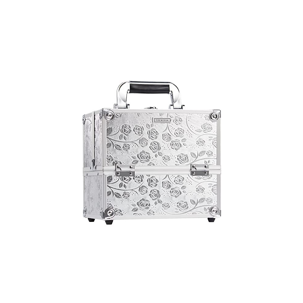 Professional Beauty Vanity Case Cosmetic Makeup Box Nail Polish Storage Beauty Train Case Lockable with Keys(Silver Rose)