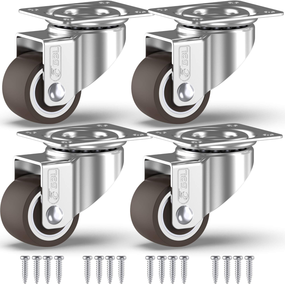 GBL Heavy Duty Castor Wheels + Screws - 25mm up to 40KG - Pack of 4 No Floor Marks Silent Caster for Furniture - Rubbered Trolley Wheels - Silver