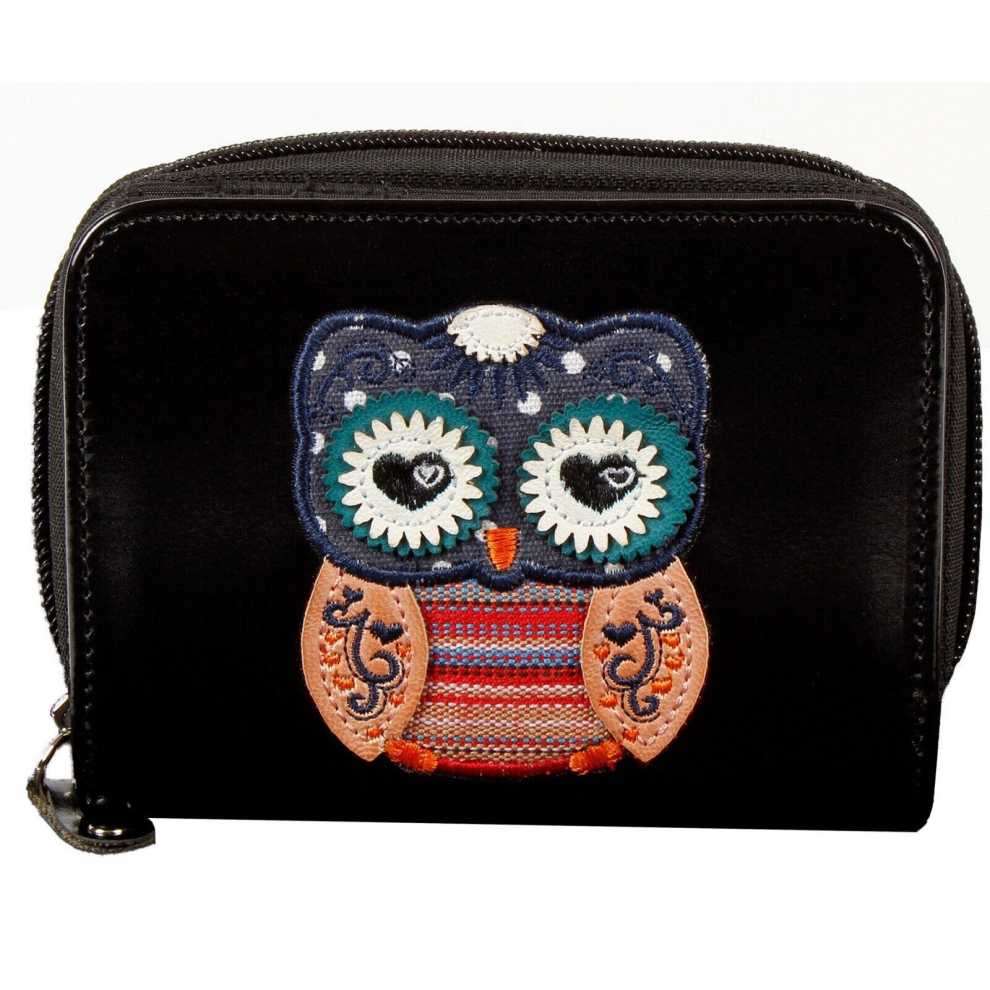 All New Medium Owl Motif Round Zip Purse With Front Wallet Section With Gift Box