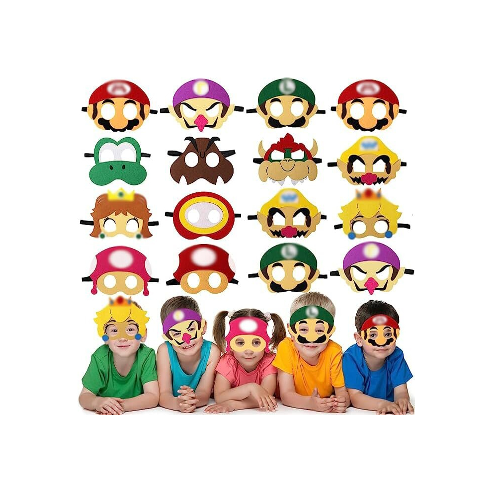 Beamely Mario Masks Party Bag Fillers for Kids, 16 Pcs Mario Felt Masks Costumes Toy Gift for Boys Girls, Cartoon Eye Mask Party Favors for Birthday