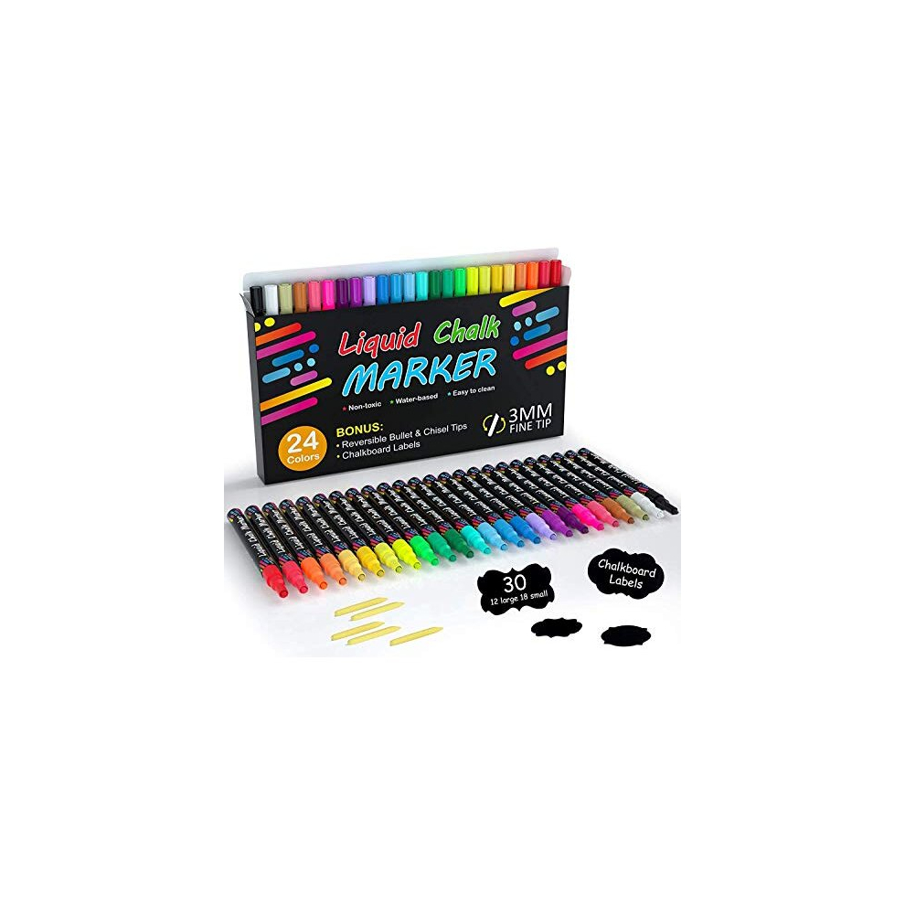 Liquid Chalk Pens, 24 Coloured Chalk Markers for Children on Blackboards Wipeable,Water-based, Reversible 3mm Fine Tip with 30 Chalkboard Labels,