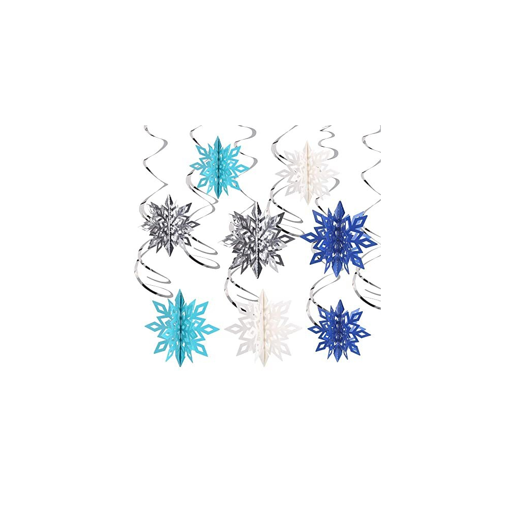 SULOLI Christmas Snowflake Hanging Swirls Decoration, 26 Pieces 3D Snowflake Silver Blue White with Ceiling Swirls for Christmas Decorations