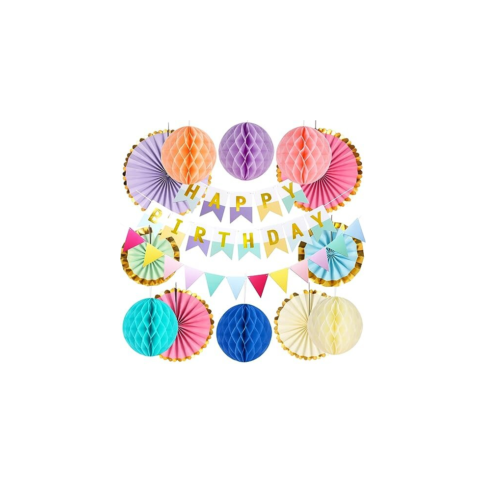 Pastel Birthday Party Decorations for Girls Women, Happy Birthday Banners Hanging Paper Fans Happy Birthday Bunting Decorations Set for Birthday Party