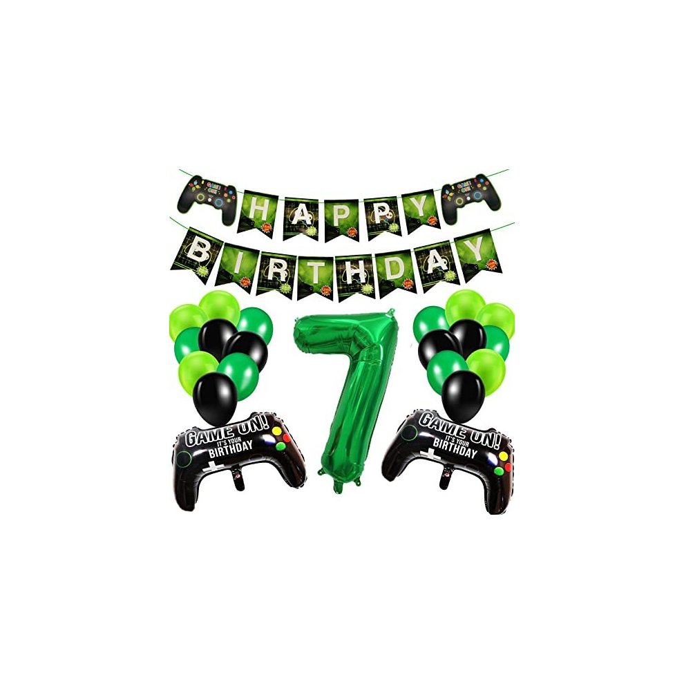 7th Birthday Decorations for Boys, Gaming Party Decorations Set for Gamers, Happy Birthday Banner Game Controller Balloons Black Green Balloons for