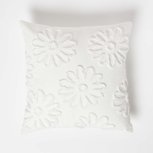 (White) Floral Daisy White Tufted Cotton Cushion 45 x 45 cm
