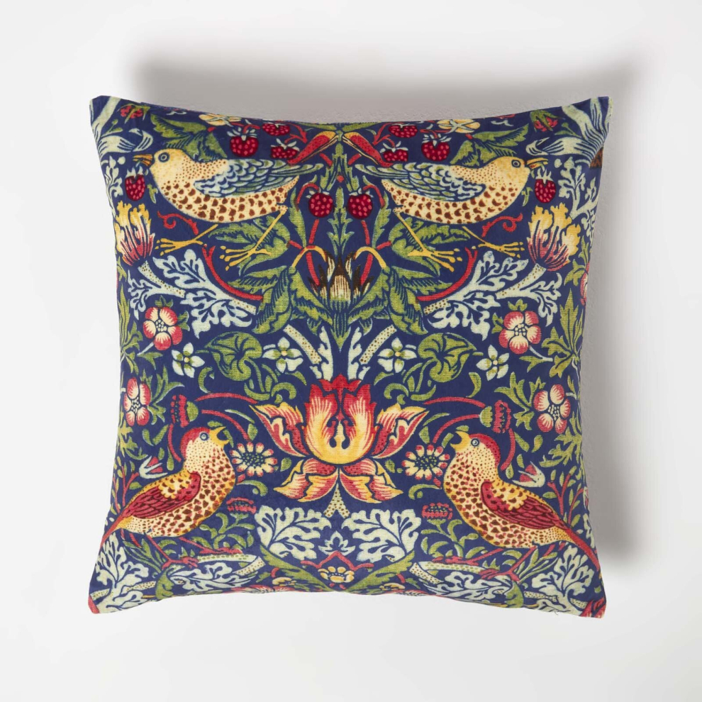 Homescapes (Navy) Navy William Morris Strawberry Thief Velvet Cushion Blue