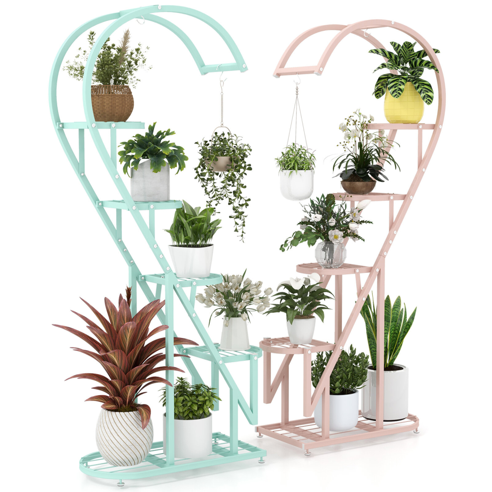 5 Tier Heart-shaped Ladder Plant Stand Metal Plant Shelf w/Hanging Hook