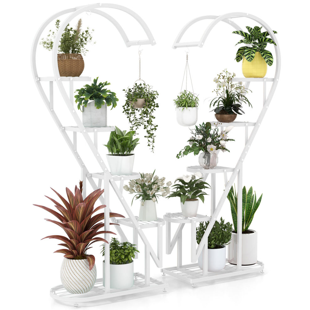 5 Tier Heart-shaped Ladder Plant Stand Metal Plant Shelf w/Hanging Hook