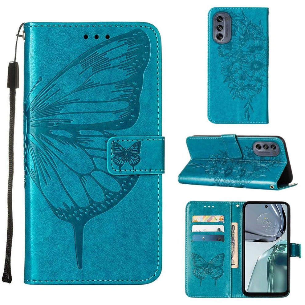 Gangxun (Blue) Case For Motorola Moto G62 5G Embossing Butterfly Magnetic Flip Cover Premium Leather Blue