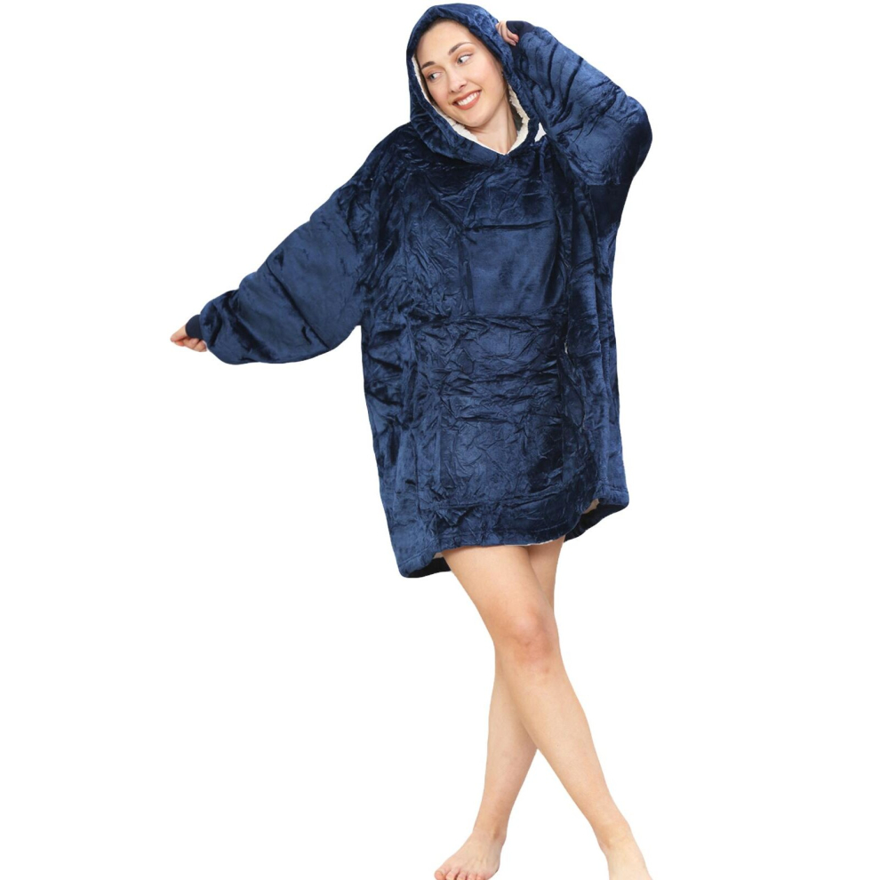 (B- Navy) Unisex Blanket Hoodie Sherpa Fleece Ultra Plush