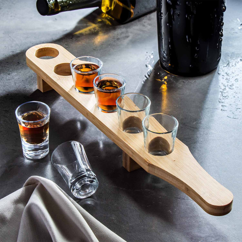 Set of 6 Shot Glasses with Wooden Carrier Serving Tray Party Drink Whisky Vodka Tequilla