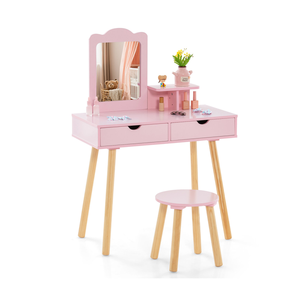 Toddler Children Dressing Table & Chair Set w/ Mirror & Drawers Vanity Makeup Table Set