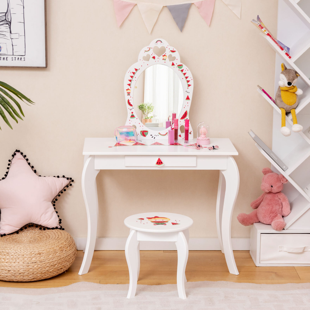 Children's Vanity Dressing Table & Stool Set W/ Tri-fold Mirror & Drawers