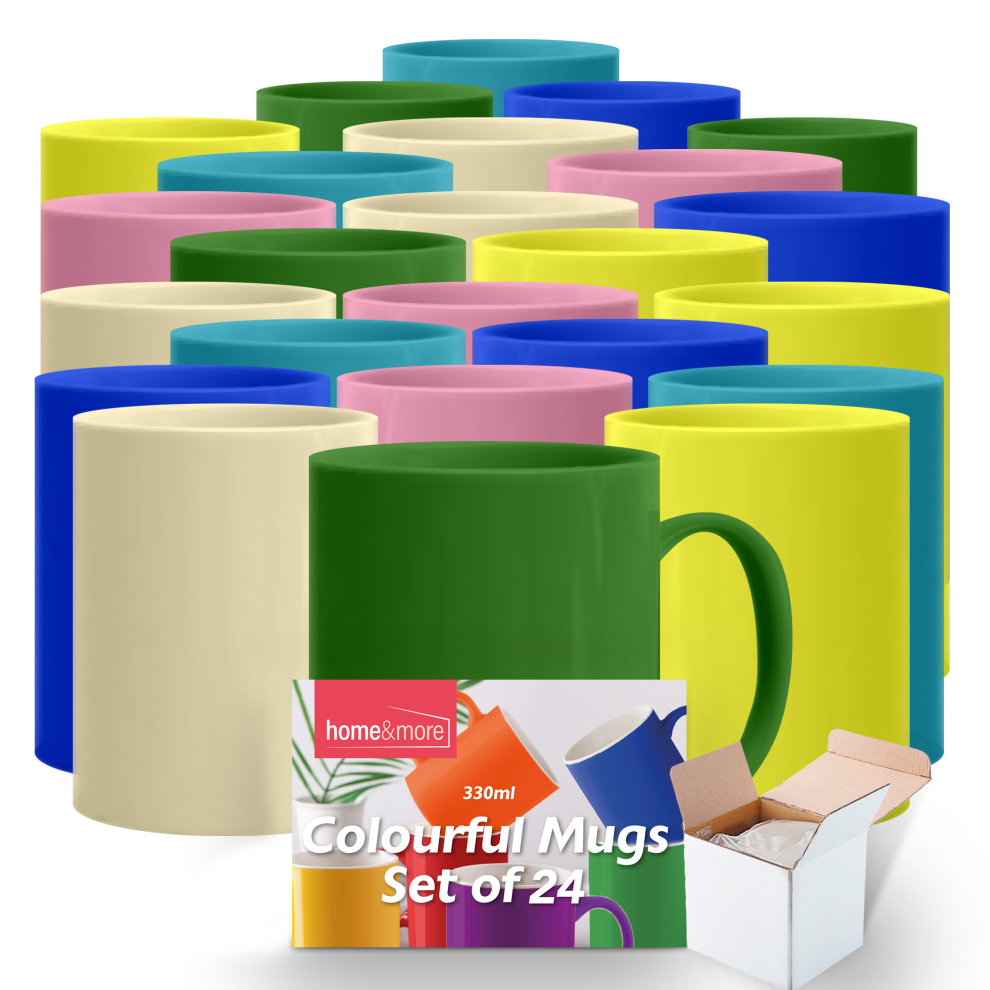 (24 MUGS) 24-36 Multi Coloured Mugs 330ml Ceramic Coffee Tea