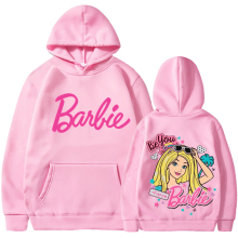 (Pink 311, S) barbie padded sweatshirt 2d iron-on apparel letters 2d print pocket drawstring hoodie