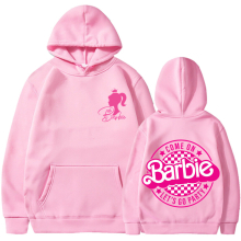 (Pink 313, S) barbie padded sweatshirt 2d iron-on apparel letters 2d print pocket drawstring hoodie