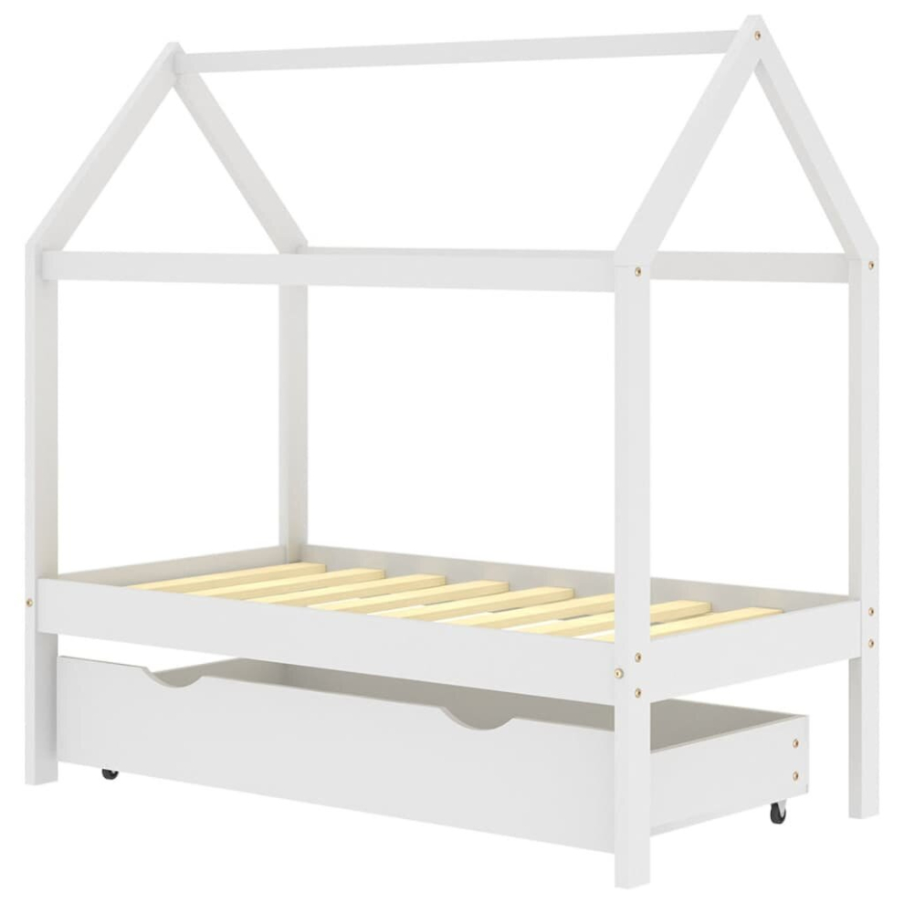 Vidaxl Solid Pine Wood Kids Bed Frame With A Drawer White 70X140 Cm Bed Base