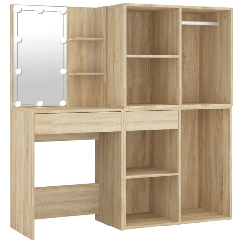 VidaXL vidaXL LED Dressing Table with 2 Cabinets Sonoma Oak Engineered Wood Mirrored