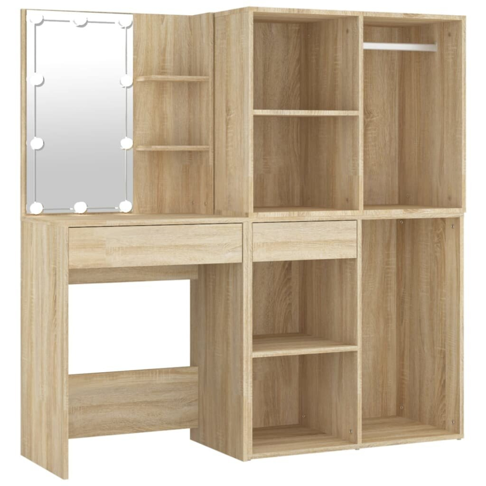 vidaXL LED Dressing Table with 2 Cabinets Sonoma Oak Engineered Wood Mirrored