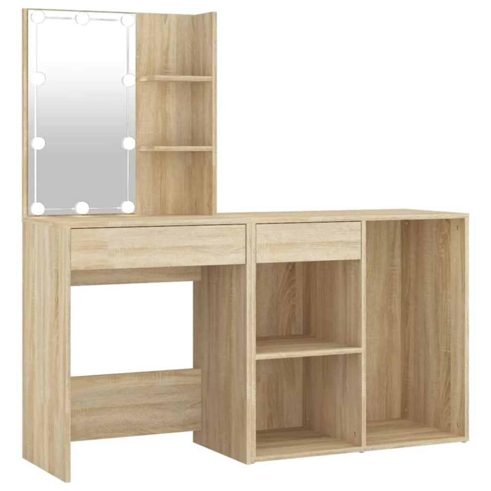 vidaXL LED Dressing Table with Cabinet Sonoma Oak Engineered Wood Makeup Table