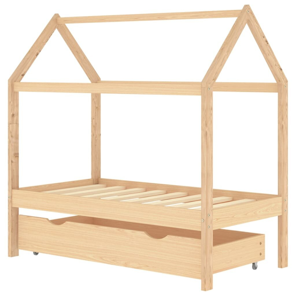 Vidaxl Solid Pine Wood Kids Bed Frame With A Drawer 70X140 Cm Wooden Base