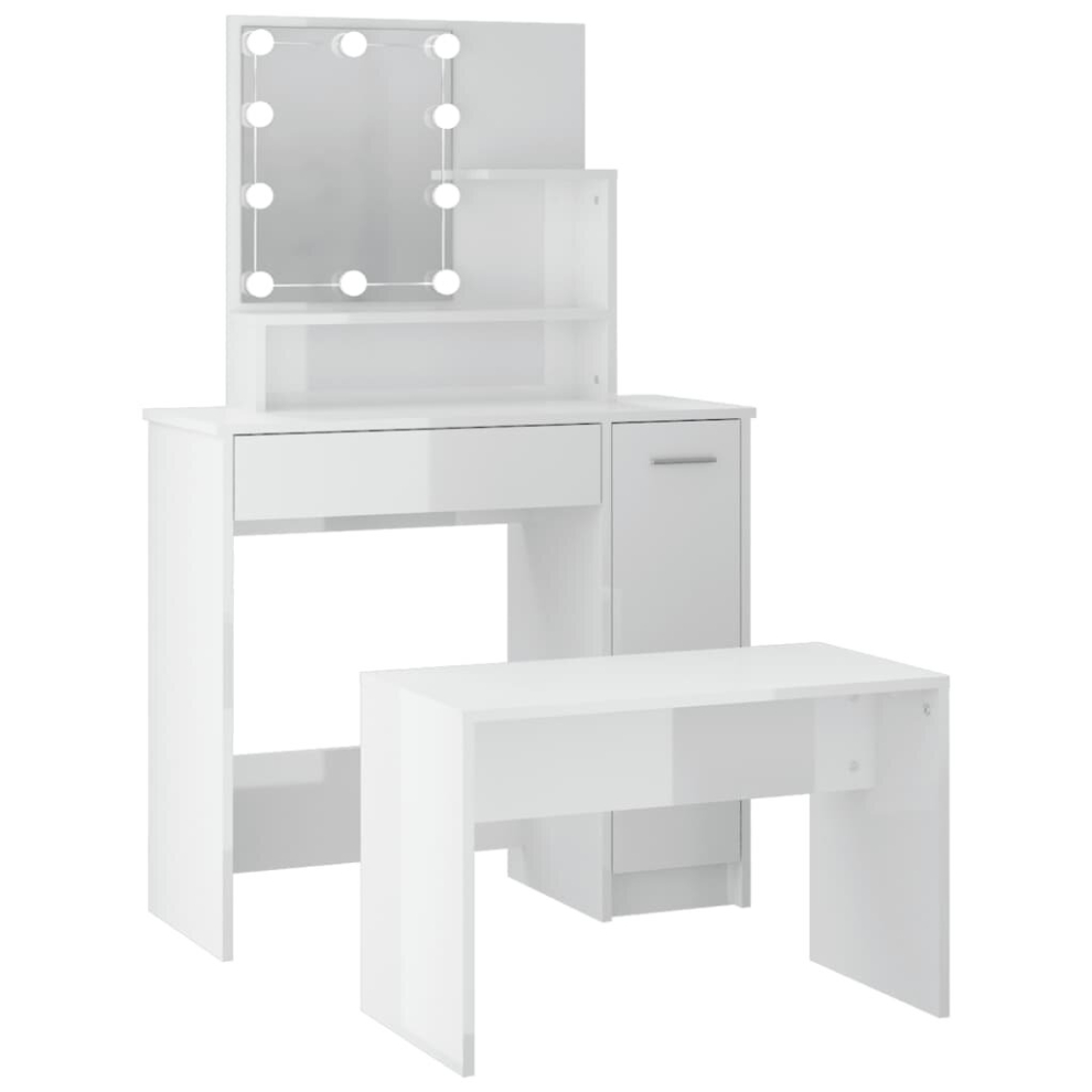 vidaXL Dressing Table Set with LED High Gloss White Engineered Wood Mirrored