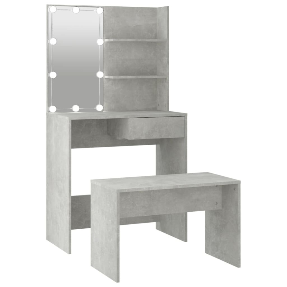 vidaXL Dressing Table Set with LED Concrete Grey Engineered Wood Makeup Table