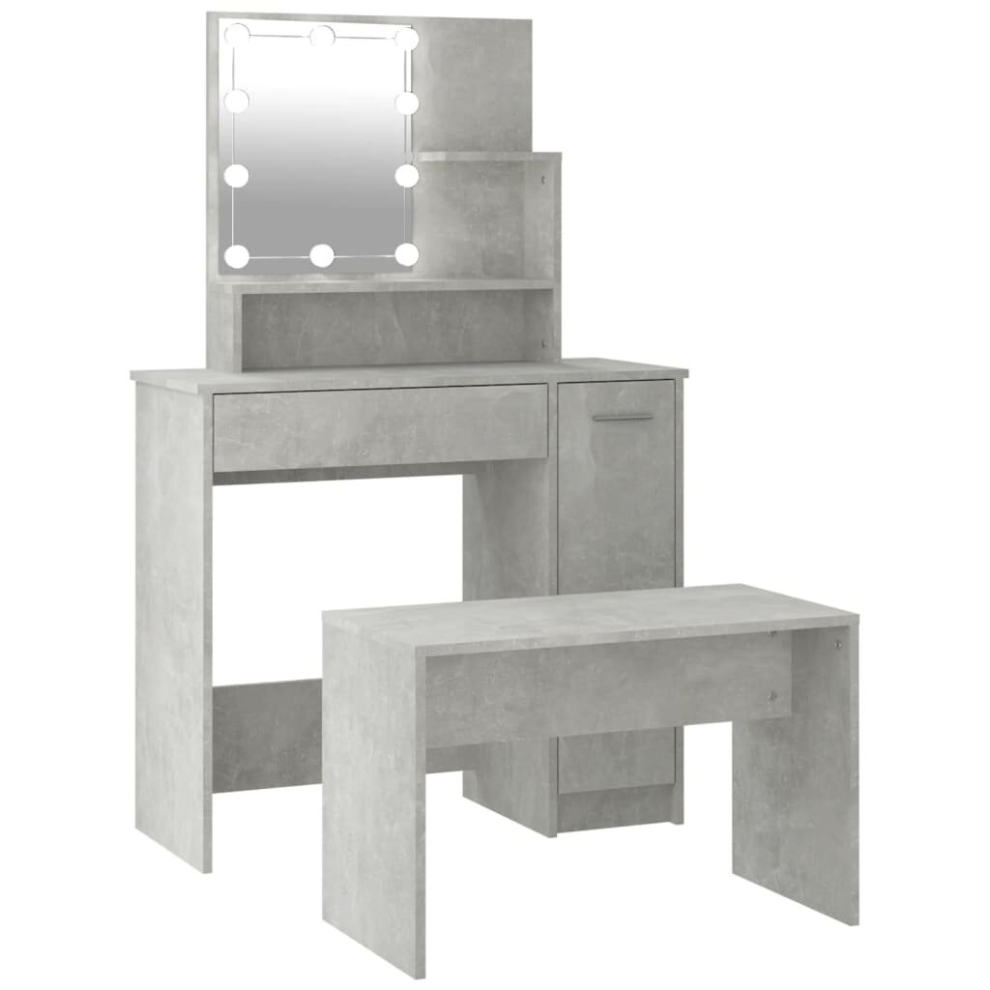 vidaXL Dressing Table Set with LED Concrete Grey Engineered Wood Makeup Table