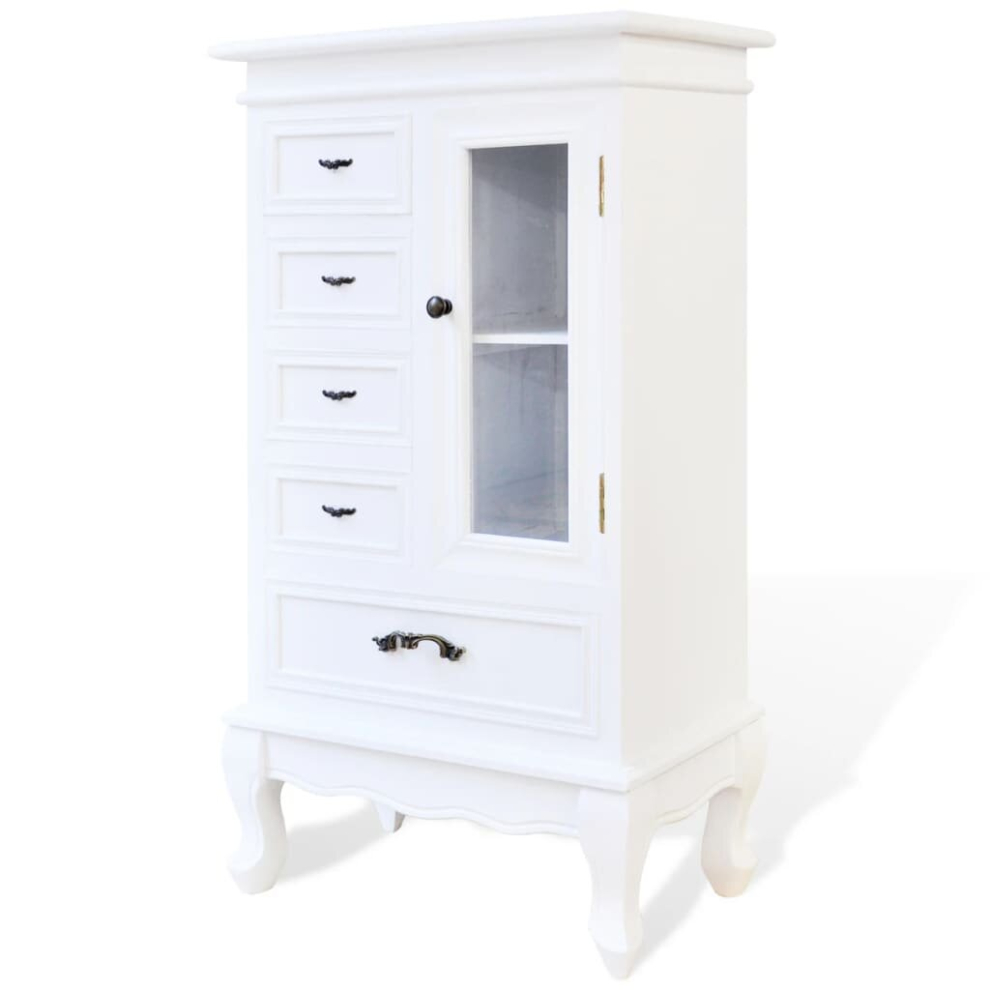 Vidaxl Cabinet With 5 Drawers 2 Shelves White Glass Door For Storage Unit