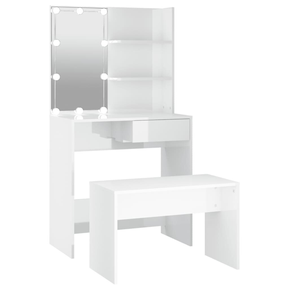 vidaXL Dressing Table Set with LED High Gloss White Engineered Wood Mirrored