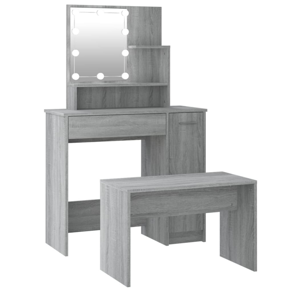 vidaXL Dressing Table Set with LED Grey Sonoma Engineered Wood Makeup Table