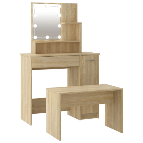 VidaXL vidaXL Dressing Table Set with LED Sonoma Oak Engineered Wood Makeup Table