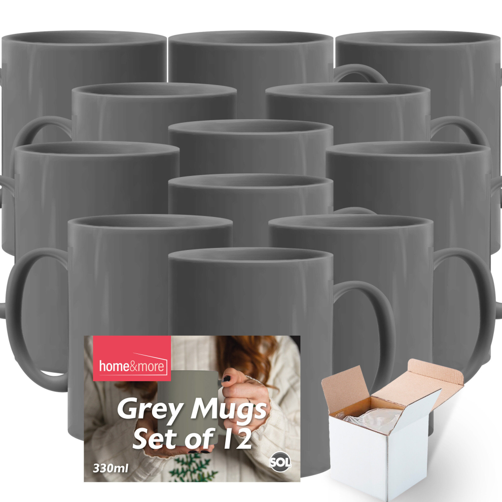 (12 MUGS) 12-36 GREY Mugs 330ml L Ceramic Coffee Tea + Boxes