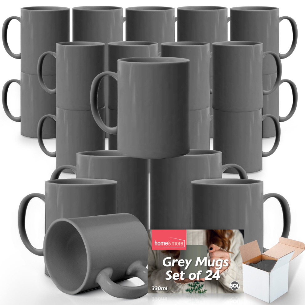 (24 MUGS) 12-36 GREY Mugs 330ml L Ceramic Coffee Tea + Boxes