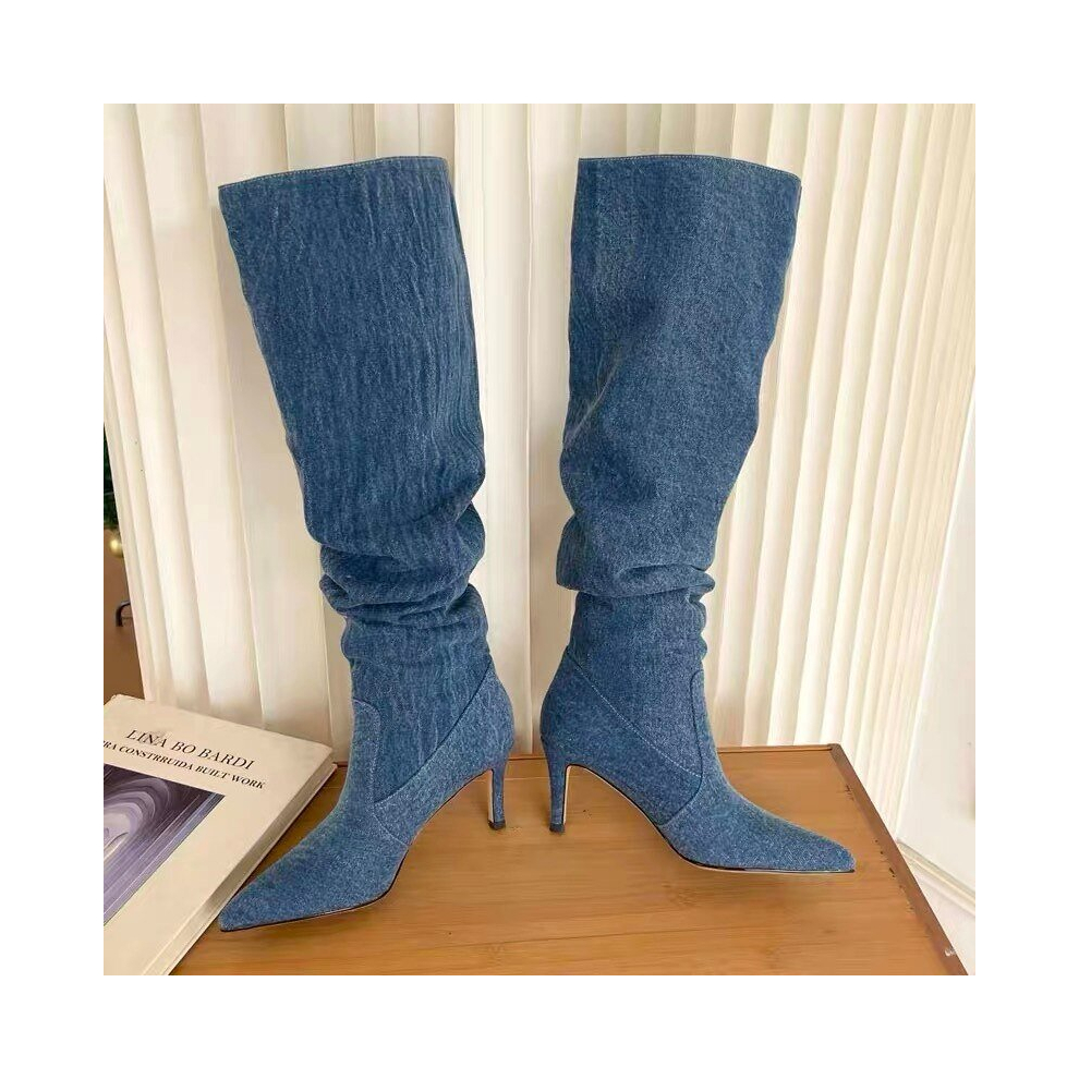 (39, Blue) Pleated High Heels Denim Boots for Women 2023 Autumn Jeans Knee High Cowboy Boots Woman Blue Thin Heeled Long Botas Feminina