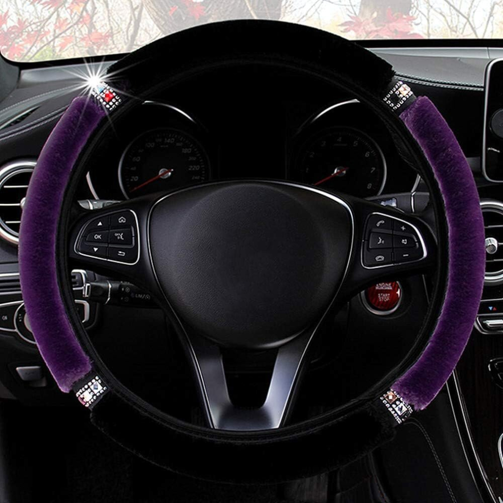 Steering Wheel Cover For Winter Warm, Fluffy Pure Australia Sheepskin Wool, With Bling Bling Crystal Rhinestones, Universal 15 Inch (Purple) Purple 7770197823258